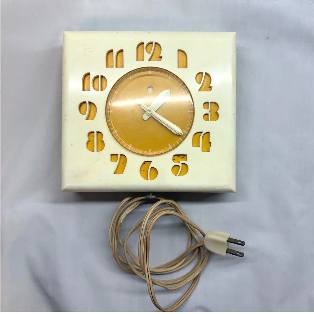 Telechron Electric Wall Clock 2H27 White Yellow Vintage 1950s Parts MCM Square